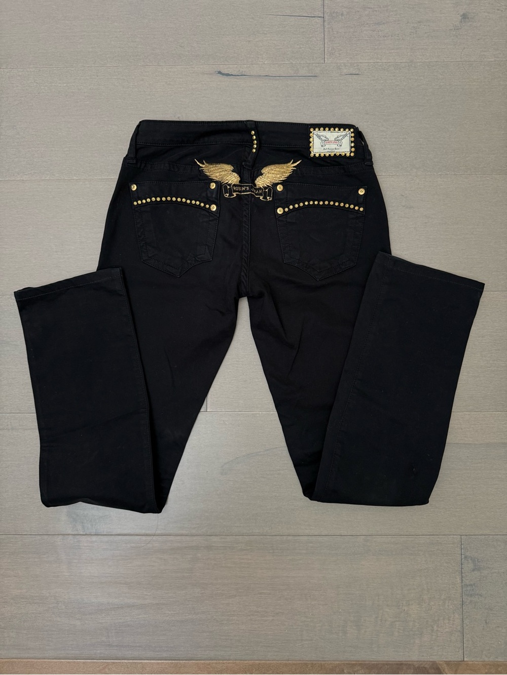 Robin’s Jeans Black Women's Straight Jeans with Gold Stud & Wing Embroidery